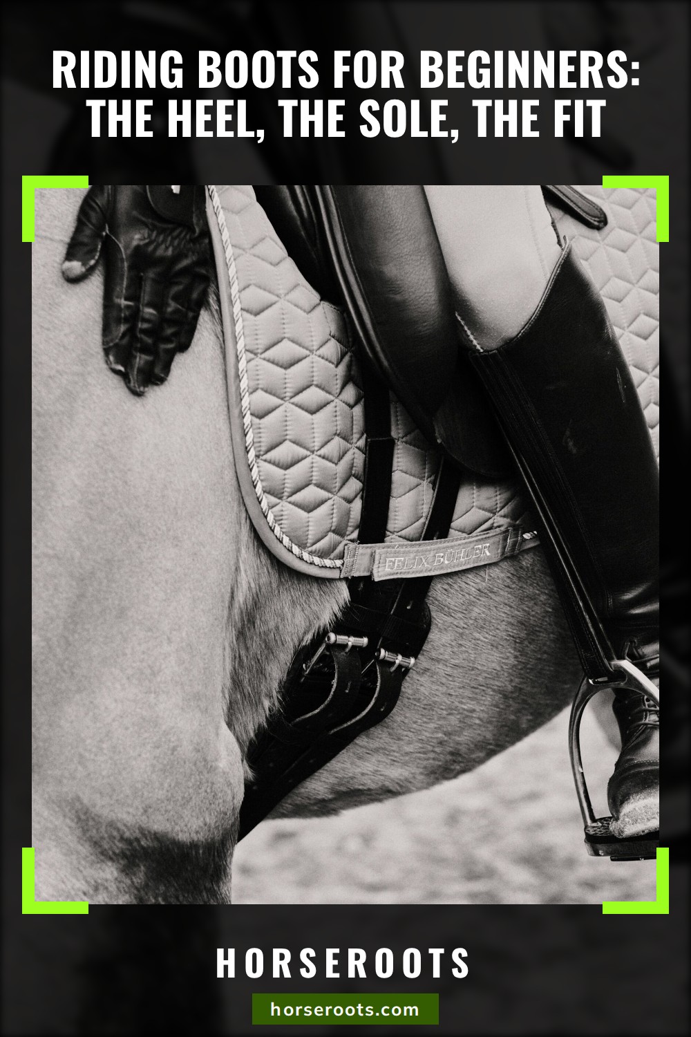 Black and white close-up of an English rider's tall leather boot resting in a stirrup iron beside a quilted saddle pad