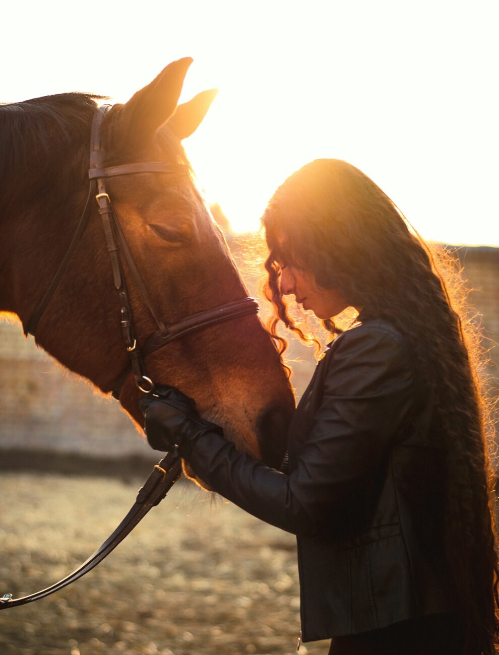 A young woman with long curly hair rests her face against a bay horse's head, her gloved hand on the bridle